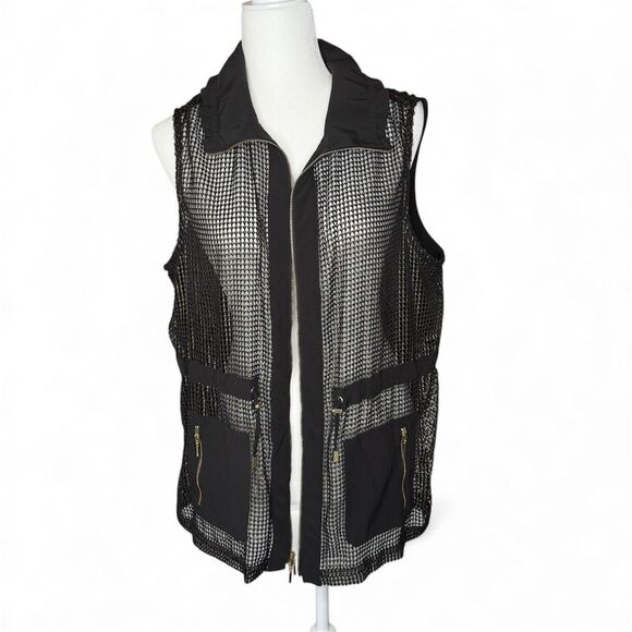 Chico's Zenergy Neema Mesh Foil Front Vest 2 Large 12 Gold Black Full Zip Cinch - Picture 16 of 16